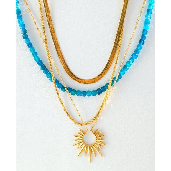 Blue Apatite Gemstone Necklace Gold Toggle Clasp Removable Baroque Pearl Genuine - Picture 4 of 14